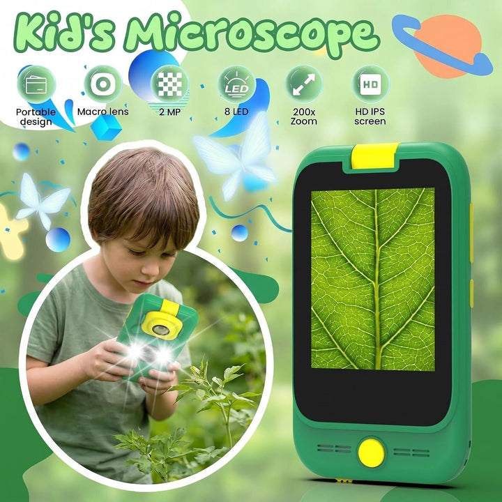Kids 2-in-1 Camera &amp; Microscope Toy, 200X Magnification Microscope, Flip Photo Lens for Kids Camera,