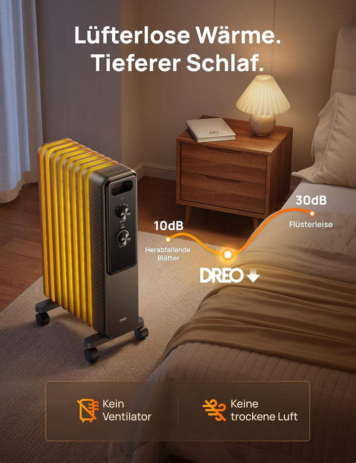 Dreo Ölgefüllter Radiator-Heizkörper mit 9 Rippen, 2000W Leiser Elektrischer Heizstrahler fürs Schla