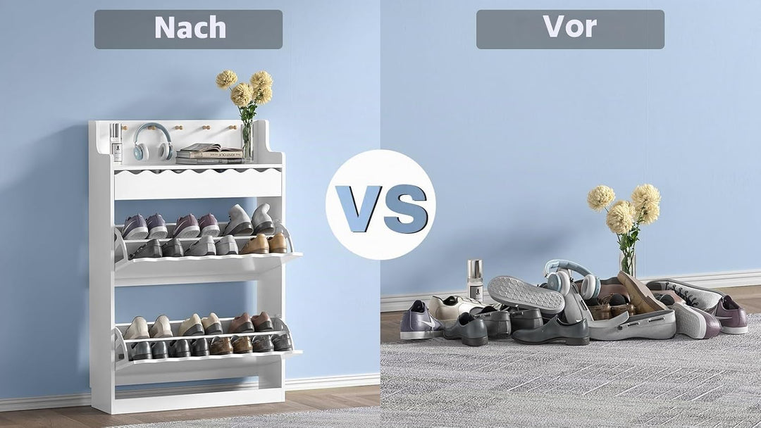 Schuhschrank mit 2 Klappfächern, Schuhkipper Schmal mit Schubladen, schmaler versteckter Schuhregals