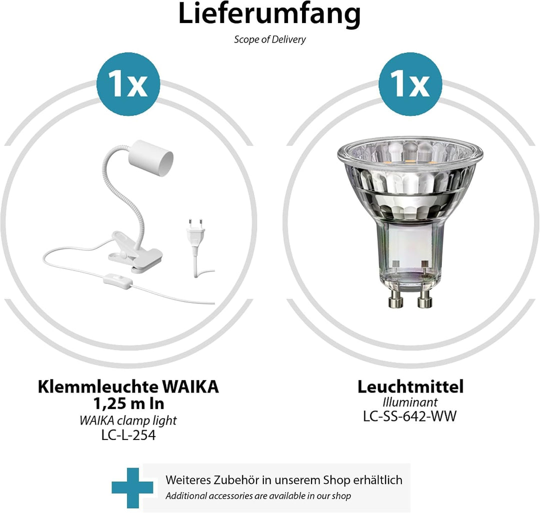 ledscom.de 2x Klemmleuchte WAIKA mit Schwanenhals und Schalter weiss matt, inkl. GU10 LED Lampe (war