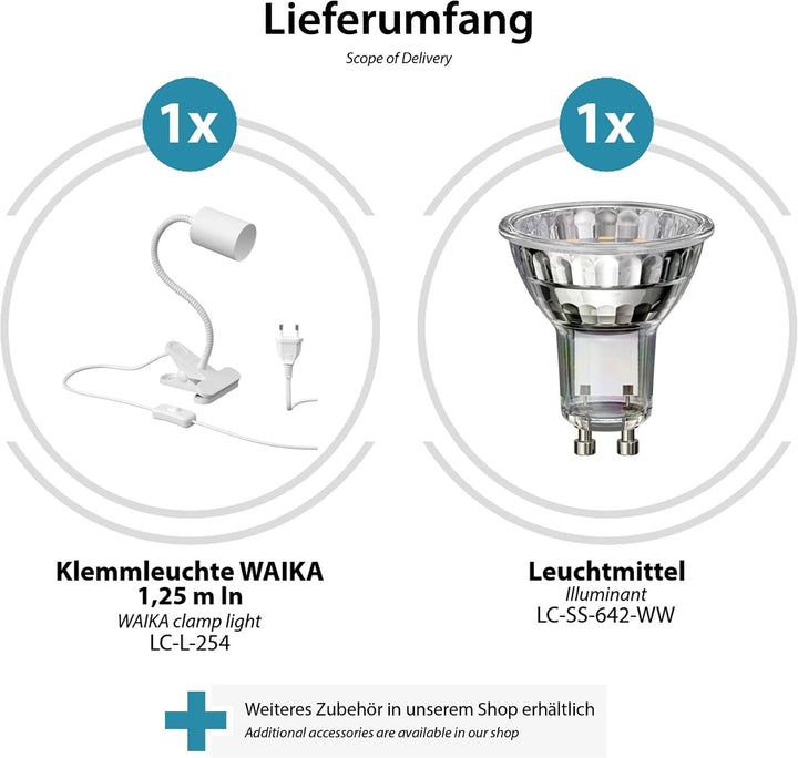 ledscom.de 2x Klemmleuchte WAIKA mit Schwanenhals und Schalter weiss matt, inkl. GU10 LED Lampe (war
