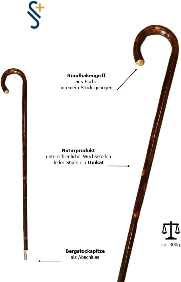 Stock-Fachmann® Wanderstock An Einem Stück Gebogen Eschenholz Geflammt Lackiert Mit Rundhakengriff U