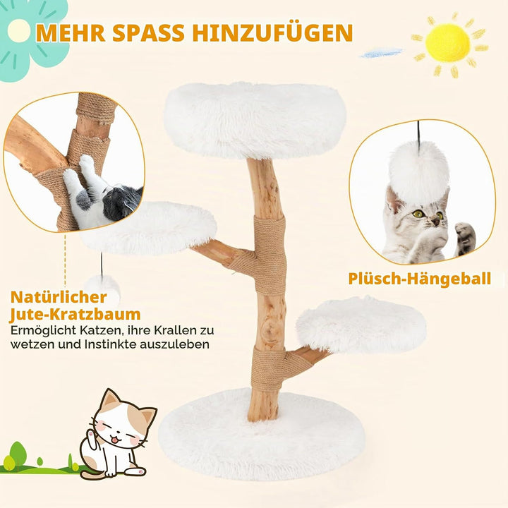 SOARS Kratzbaum Holz, 90 cm Katzenbaum mit 3 Plattformen, Kratzsäulen &amp; Plüschball, Katzenkratzbaum