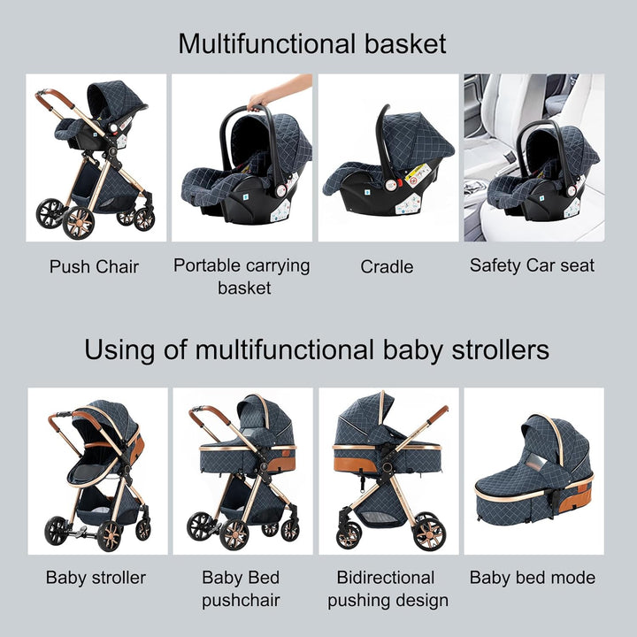 3 in 1 Kinderwagen Komplettset mit Ein-Klick-Faltdesign, Zwei Umkehrbaren Schiebemodi, Rahmen aus Al