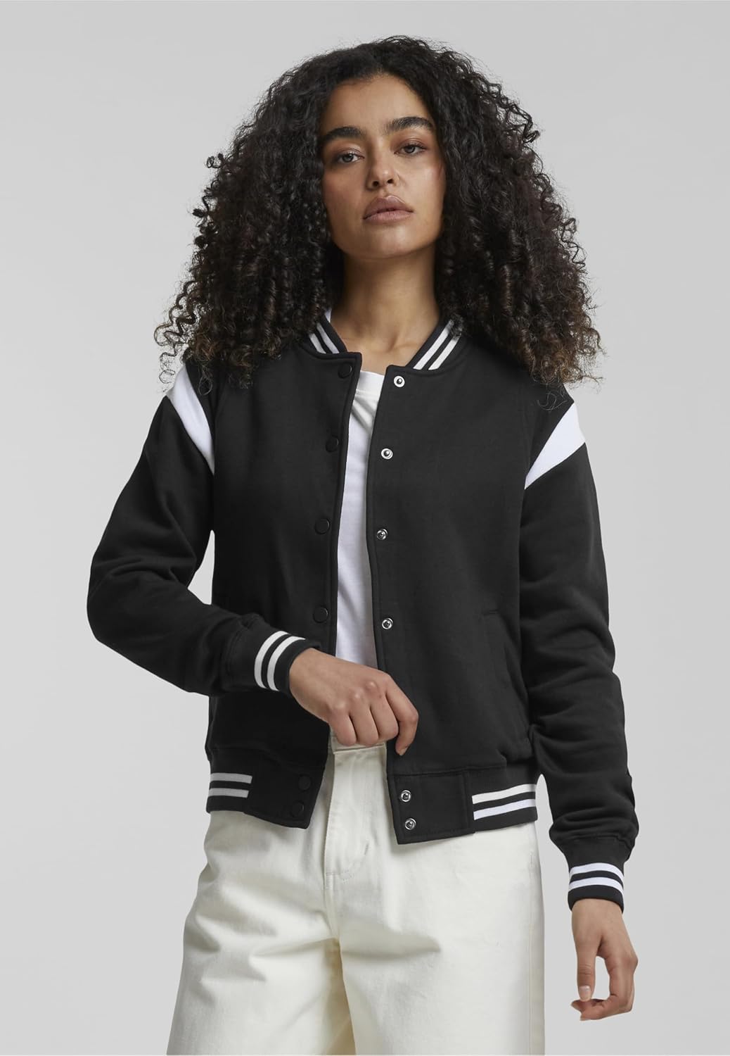 Urban Classics Damen Ladies Inset College Sweat Jacket XS Blk/Wht, XS Blk/Wht