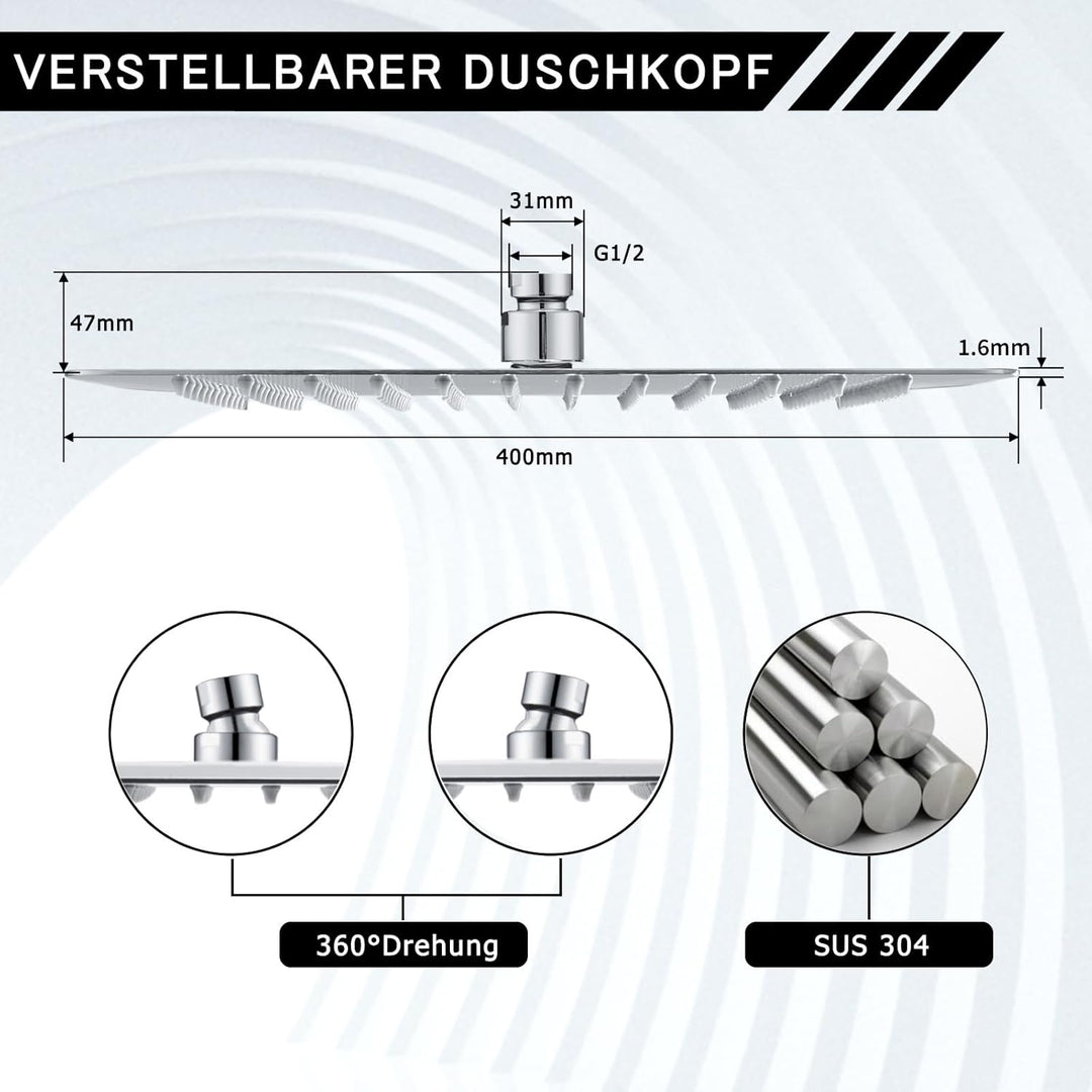 DETBOM 16 Zoll Regendusche quadratischer Duschkopf aus Edelstahl 304, Anti-Kalk-Düsen Duschkopf Wass