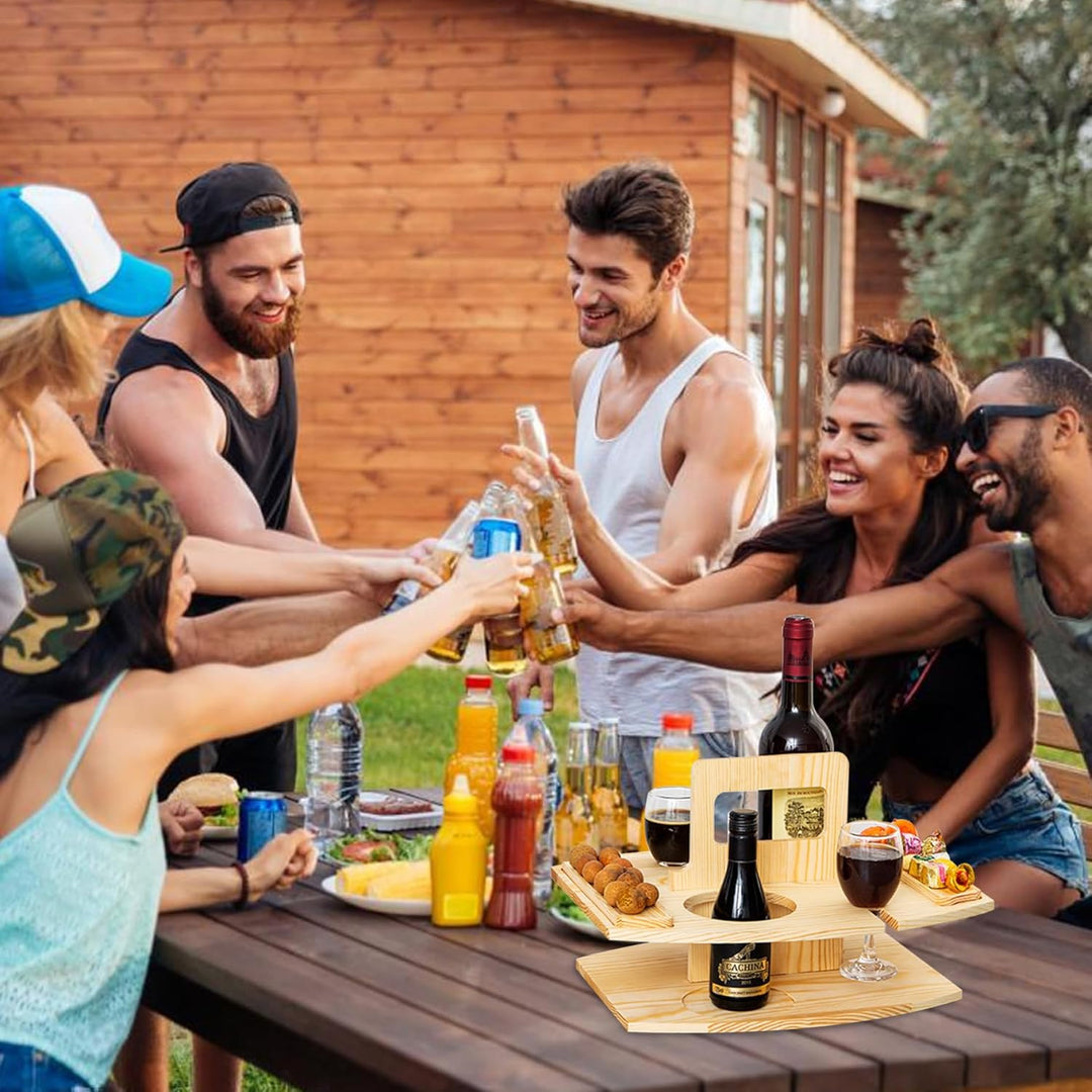 Tragbarer Picknicktisch, Picknicktisch aus Holz, abnehmbarer Weintisch mit 2 Glashaltern und Snackta