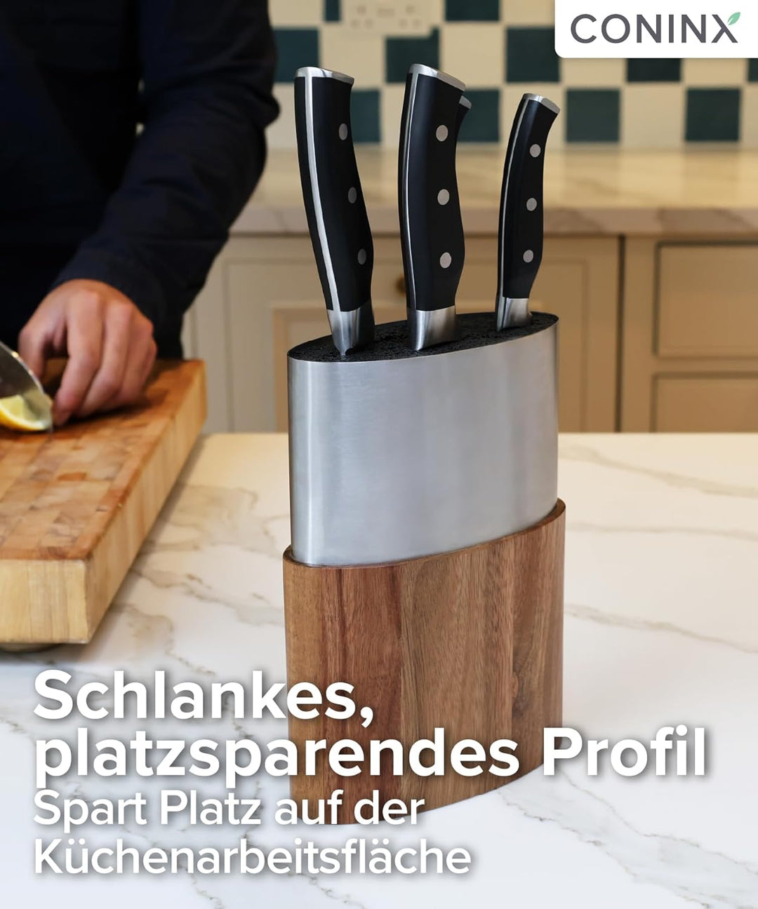 Coninx Messerblock Edelstahl Oval mit Akazieneinsatz – Moderner Universal Messerhalter für Küchenarb