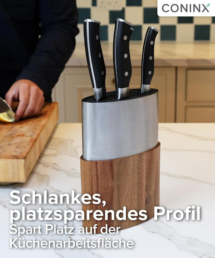 Coninx Messerblock Edelstahl Oval mit Akazieneinsatz – Moderner Universal Messerhalter für Küchenarb
