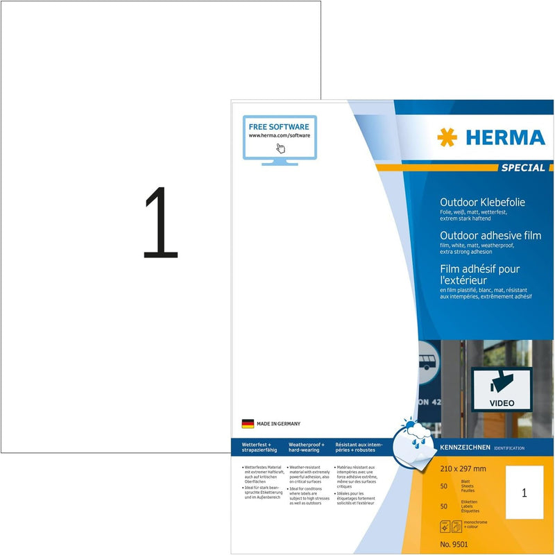 HERMA 9501 Wetterfeste Folienetiketten, 50 Blatt, 210 x 297 mm, 1 Stück pro A4 Bogen, 50 Aufkleber,