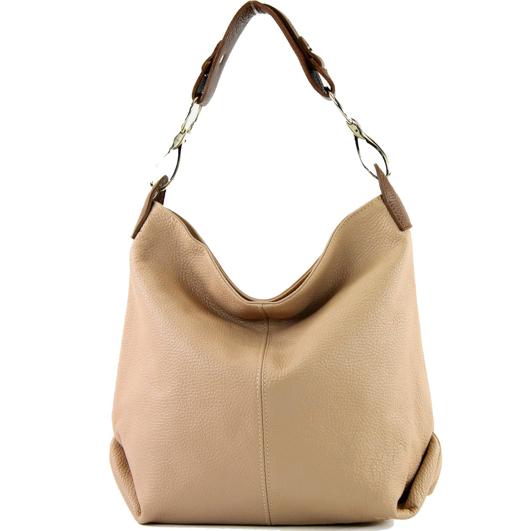 modamoda de T168 Damen Leder Schultertasche, handmade in Italy Beige/Braun, Beige/Braun