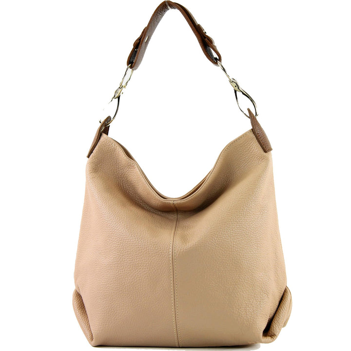 modamoda de T168 Damen Leder Schultertasche, handmade in Italy Beige/Braun, Beige/Braun