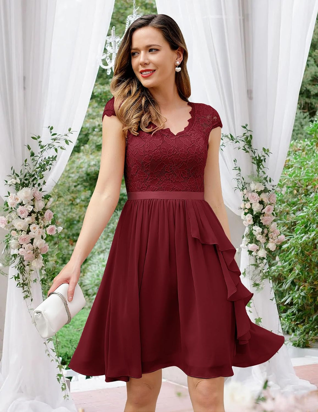 Wedtrend Cocktailkleid Damen Knielang Abendkleid Elegant für Hochzeit Elegant A Linie Rüschenkleid D