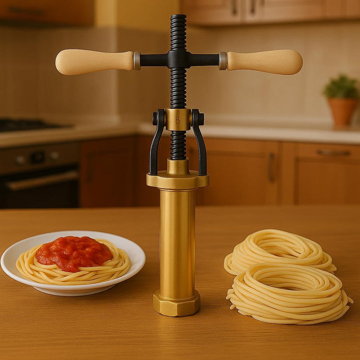 Bottene - Il Bigolaro B - Manuelle Nudelpresse aus Messing - 2 Matrizen für Spaghetti und Rigatoni -