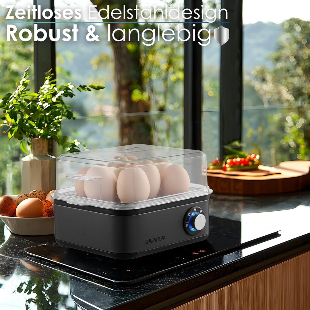 Eierkocher für 1 bis 8 Eier | Warmhaltefunktion | Elektrischer Eierkocher aus Edelstahl 500 Watt | 3