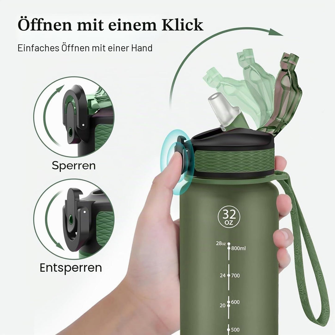 Trinkflasche, 1L Sport-Wasserflasche mit Strohhalm, Zeitmarkierungen, auslaufsicher, BPA-freiTritan,