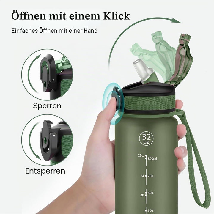 Trinkflasche, 1L Sport-Wasserflasche mit Strohhalm, Zeitmarkierungen, auslaufsicher, BPA-freiTritan,