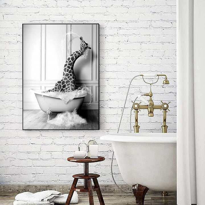WADBTP Badezimmer Bilder,Schwarz Weiss Bilde,Lustige Tier in der Badewanne Leinwand Bilder für Wohnz