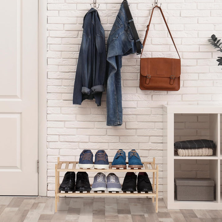 Relaxdays Schuhregal, Bambus, 6 Paar Schuhe, HxBxT: 32 x 68,5 x 28 cm, mit 2 Ablagen, schmal, Schuhs