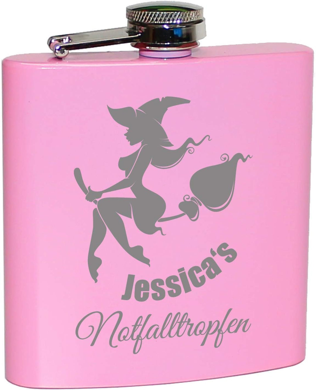 Pinker Flachmann Notfalltropfen, mit Hexe und persönlicher Namens Gravur! Lustiges Geschenk für Frau
