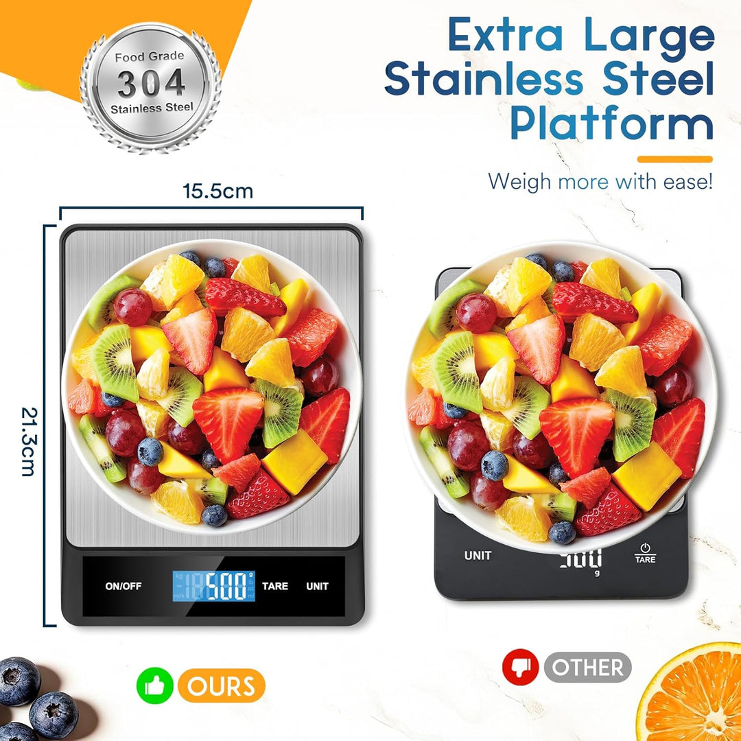 Zivacate 15kg Digitale Küchenwaage, 1g Präzision, Küchenwaage mit LCD Display, Grosse Edelstahl Wieg
