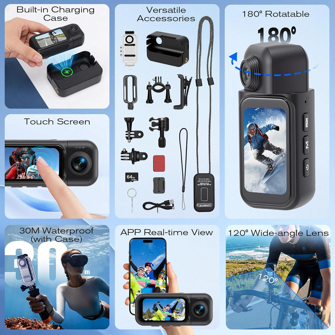 360° Action Cam mit Touchscreen & 8-Stunden-Akku, Wasserdicht bis 30M mit Gehäuse, 120° Weitwinkel P