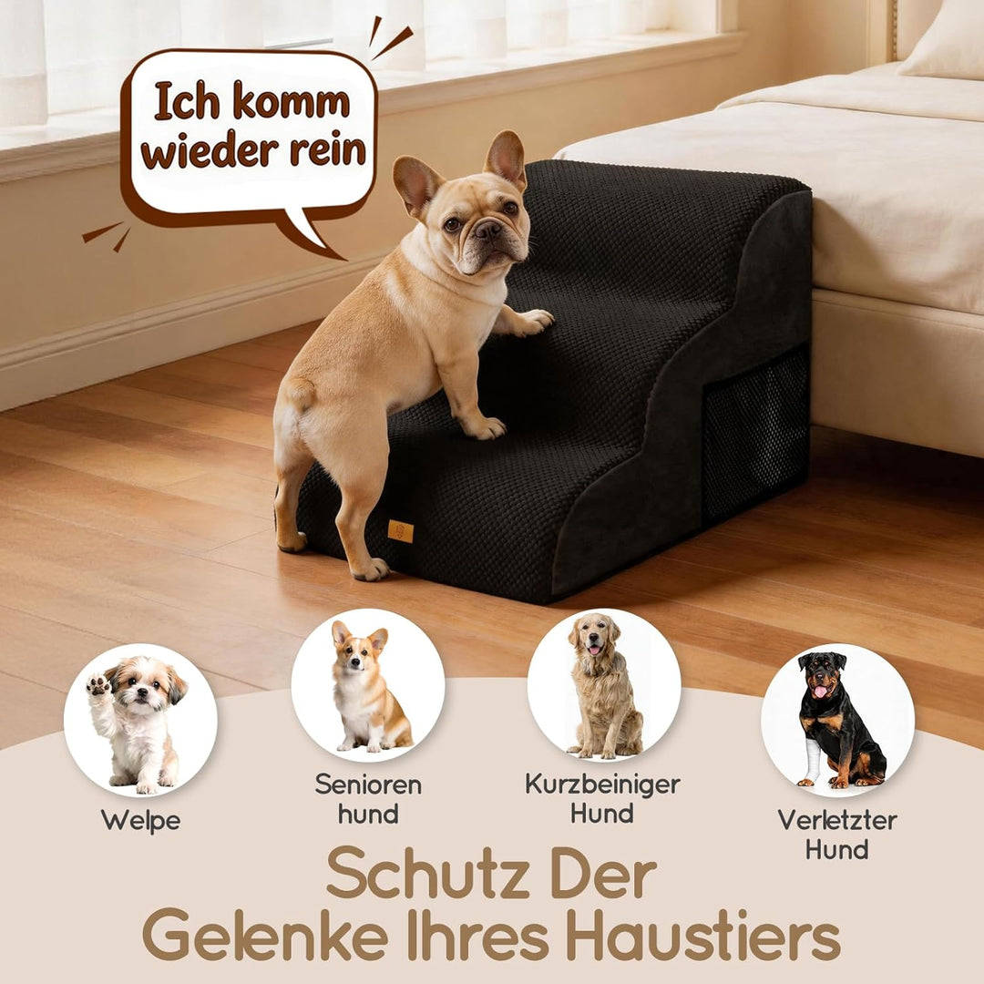 Thihome Hundetreppe für Kleine Hunde, Haustiertreppe 3 Stufen, Hochdichtem Schwamm Hundetreppen 40cm