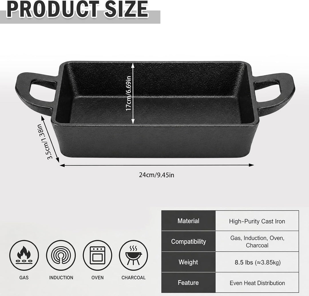 Gusseisen Grillpfanne Induktion, 24 x 17 cm Antihaft Grillplatte