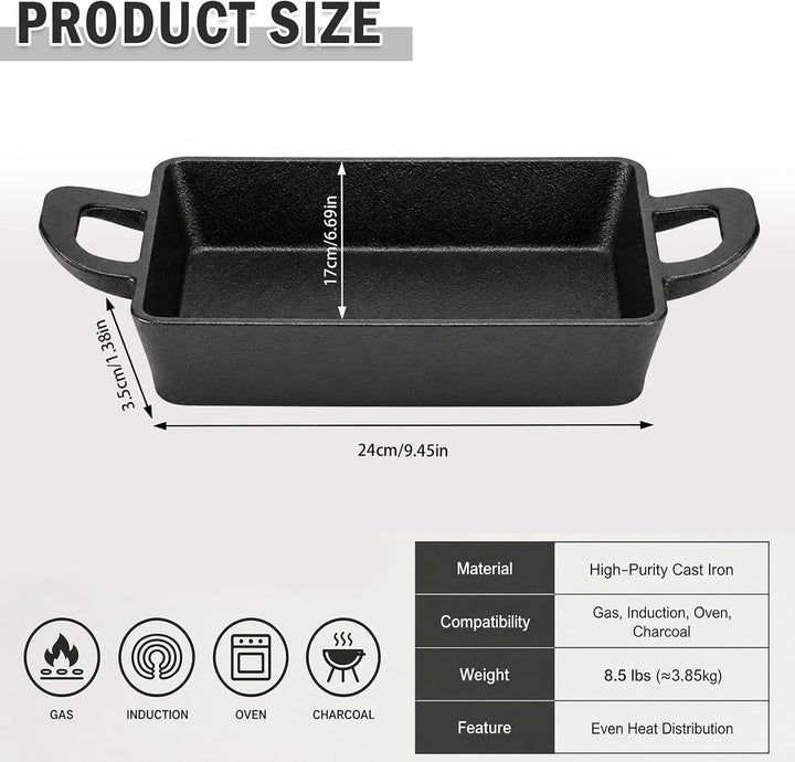 Gusseisen Grillpfanne Induktion, 24 x 17 cm Antihaft Grillplatte