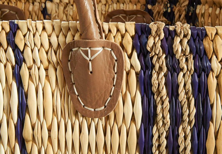 Kobolo Tasche Seegrastasche Korbtasche Strandtasche - Lederhenkel - Muster in blau