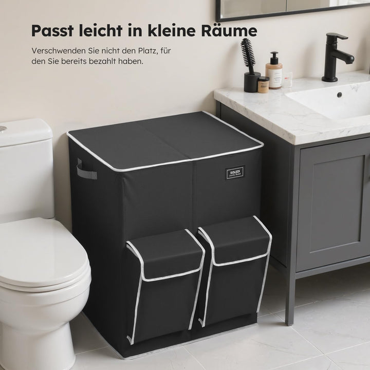 SOLEDI 180L Wäschekorb mit Deckel, Wäschesammler 2 Fächer mit 2 Seitentaschen, Laundr Baskets mit 2