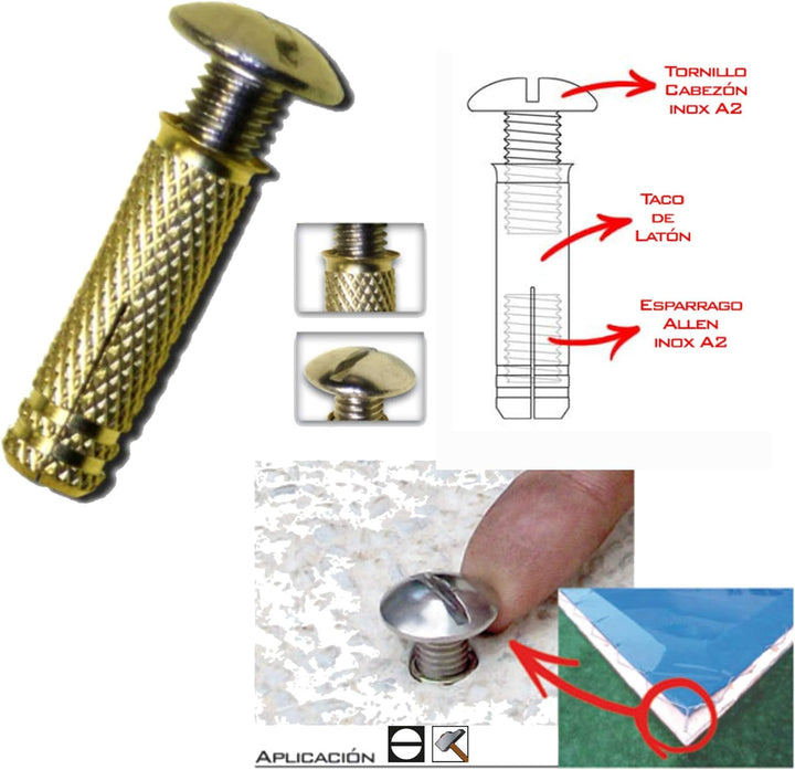 BricoLoco Pooldübel aus Messing, Schraube Edelstahl A2 | Verankersystem für Plane Swimmingpool mit V