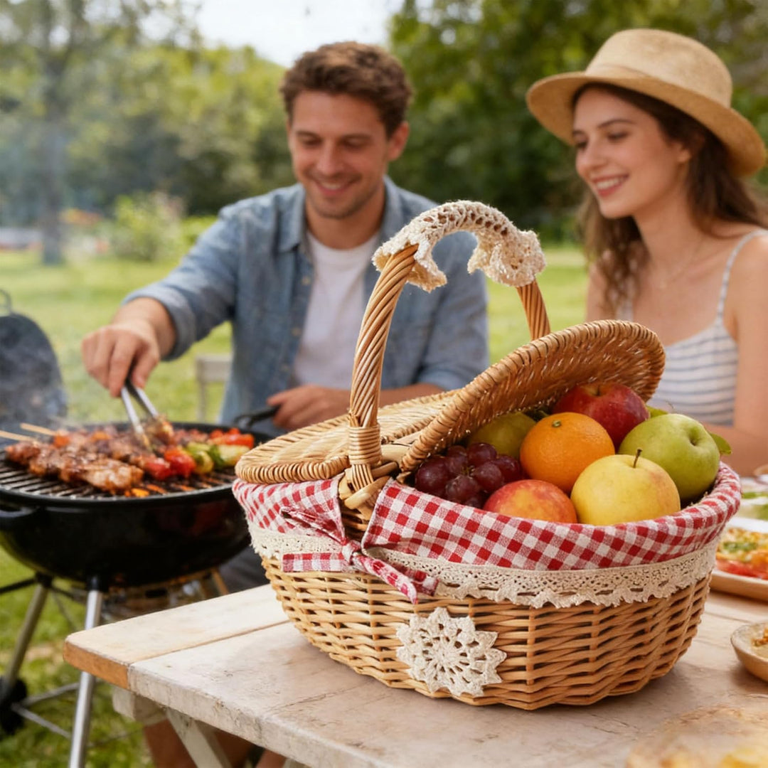 Outdoor-Picknickkorb, Weidenkorb, Picknickkorb, mit Deckel und Griff, Dekoration, Auskleidung, Garte