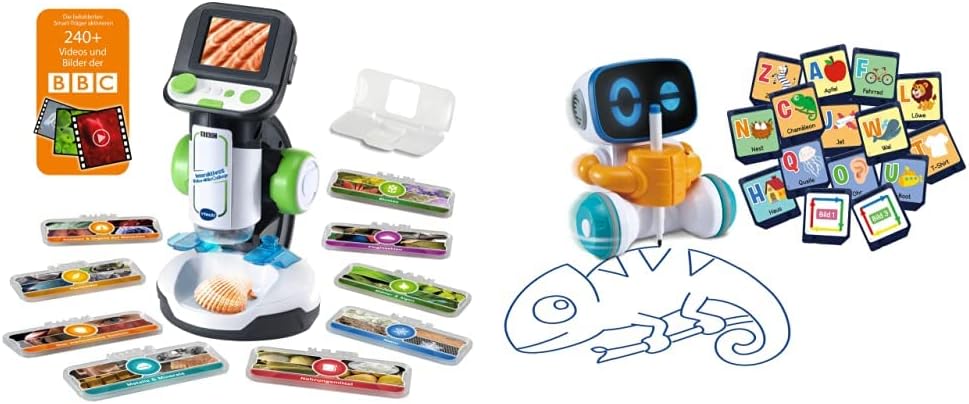 VTech Interaktives Video-Mikroskop – Bildschirm, smarte Objektträger & Codi, der clevere Mal-Roboter