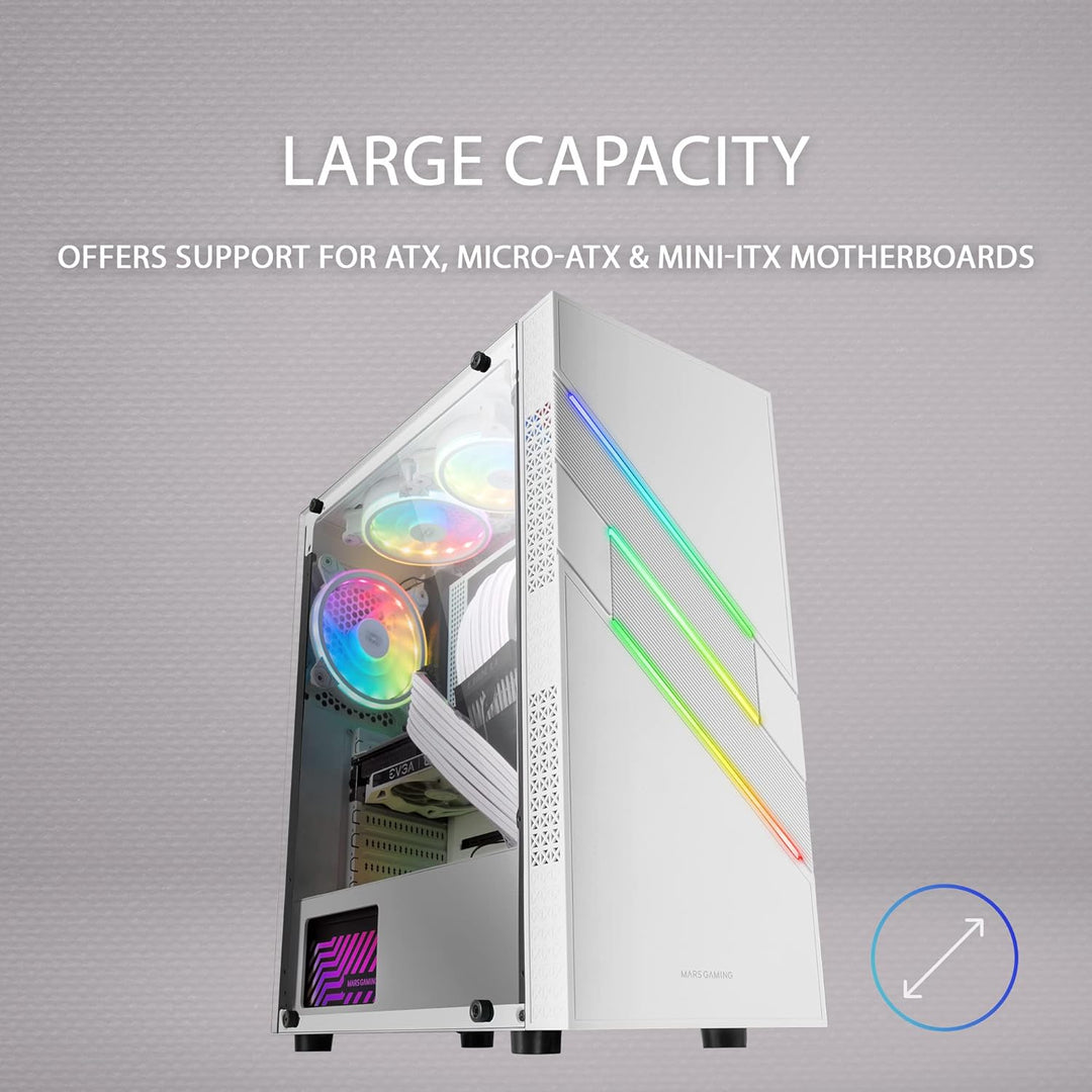 Mars Gaming MC-U3 Weiss, PC ATX XL Gehäuse, Front Triple ARGB, 12cm Lüfter, Gehärtetes Glasfenster,