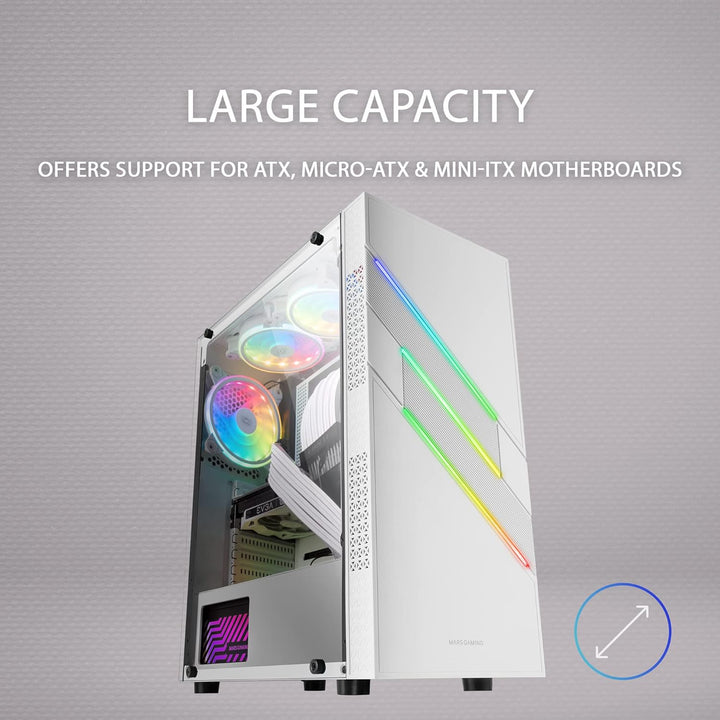 Mars Gaming MC-U3 Weiss, PC ATX XL Gehäuse, Front Triple ARGB, 12cm Lüfter, Gehärtetes Glasfenster,