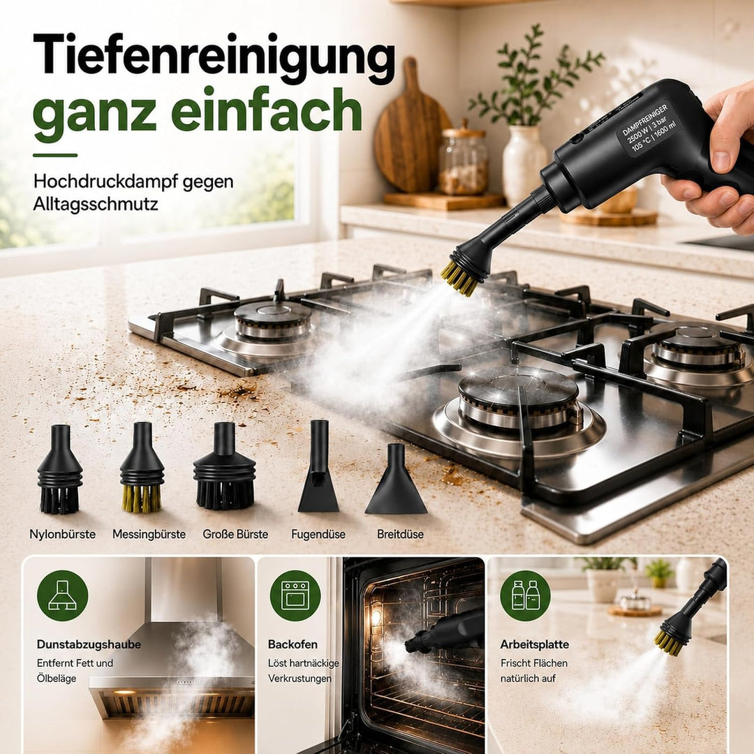 Dampfreiniger Handgerät, 2500W Handdampfreiniger mit 1,6-Liter-Wassertank, 15 Sekunden Aufheizzeit,