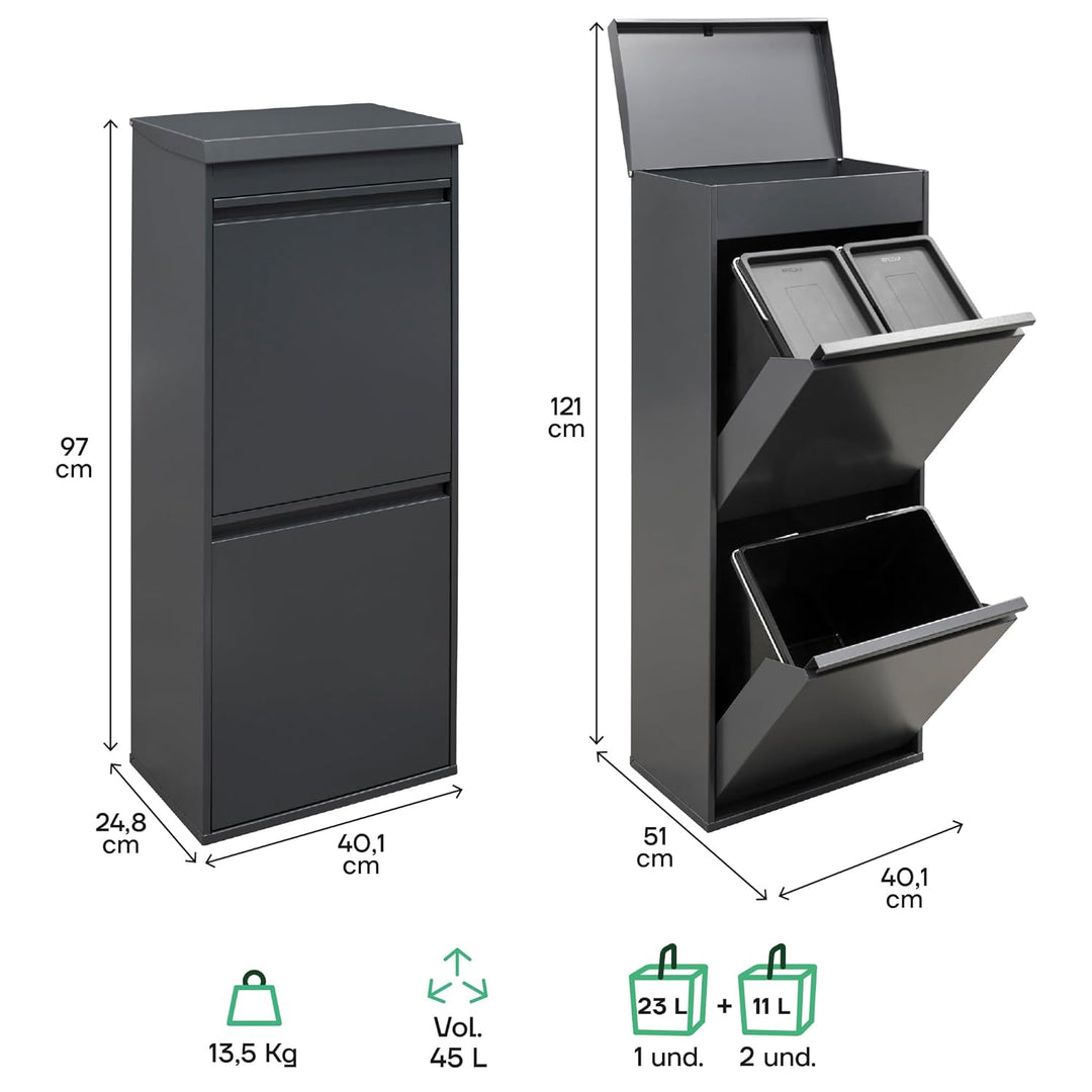 ARREGUI Top CR424-B Mülltrennsystem aus Stahl mit Aufbewahrungsbox mit Deckel | 3 Fächer Mülleimer f