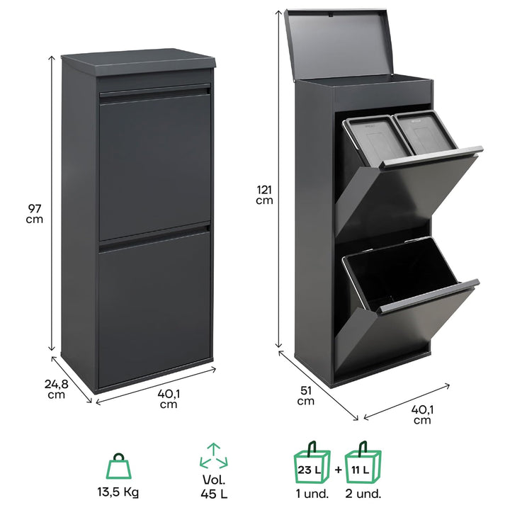 ARREGUI Top CR424-B Mülltrennsystem aus Stahl mit Aufbewahrungsbox mit Deckel | 3 Fächer Mülleimer f