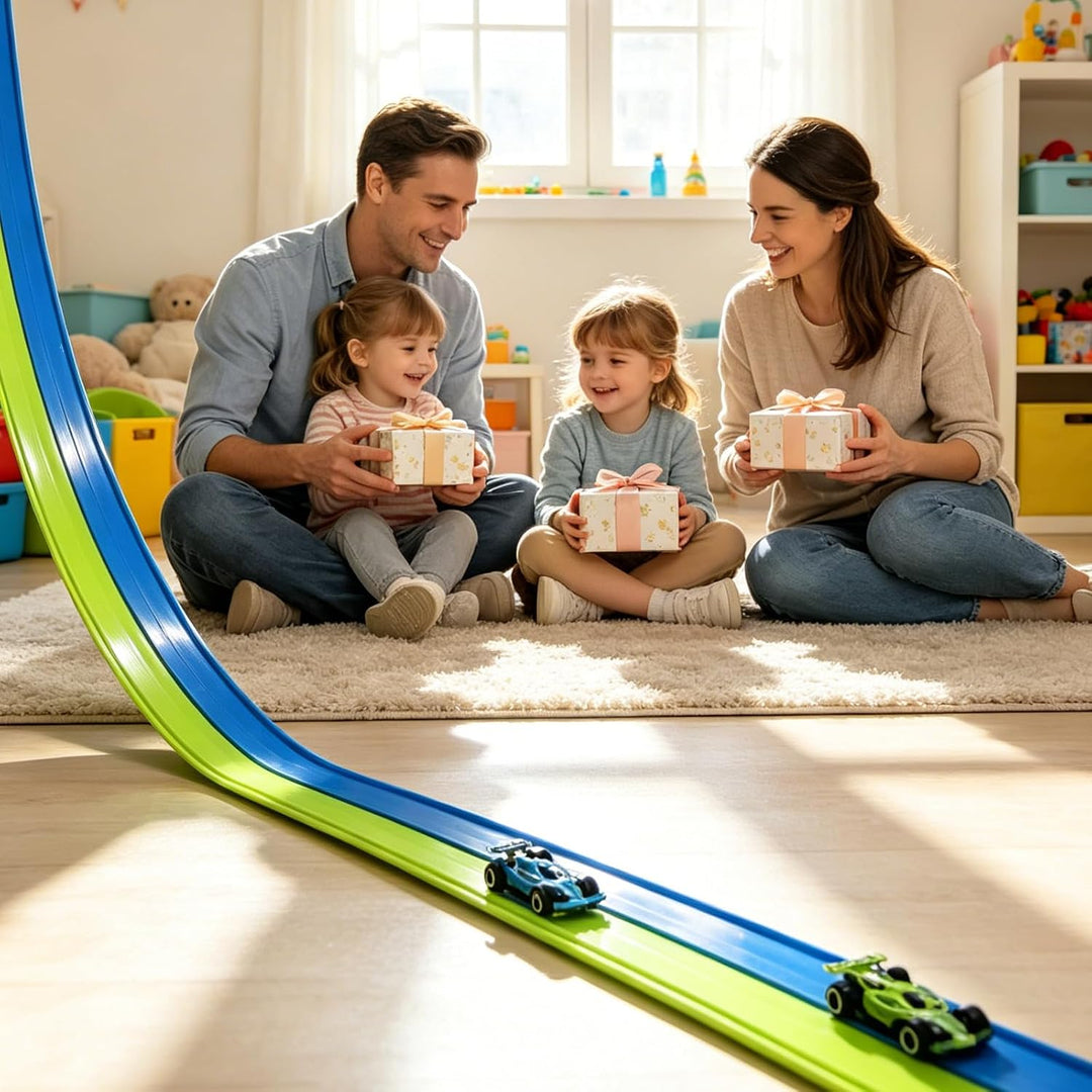 Flexible Autorennbahn Kinder 5 Meter Rennbahn Rennstrecke Auto Spielzeug mit 4 Spielzeugautos 2 Ramp