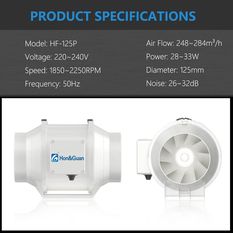 Hon&Guan Rohrventilator 125mm Leise Inline-Kanalventilator Rohrlüfter Abluftventilator mit 1m EU Net