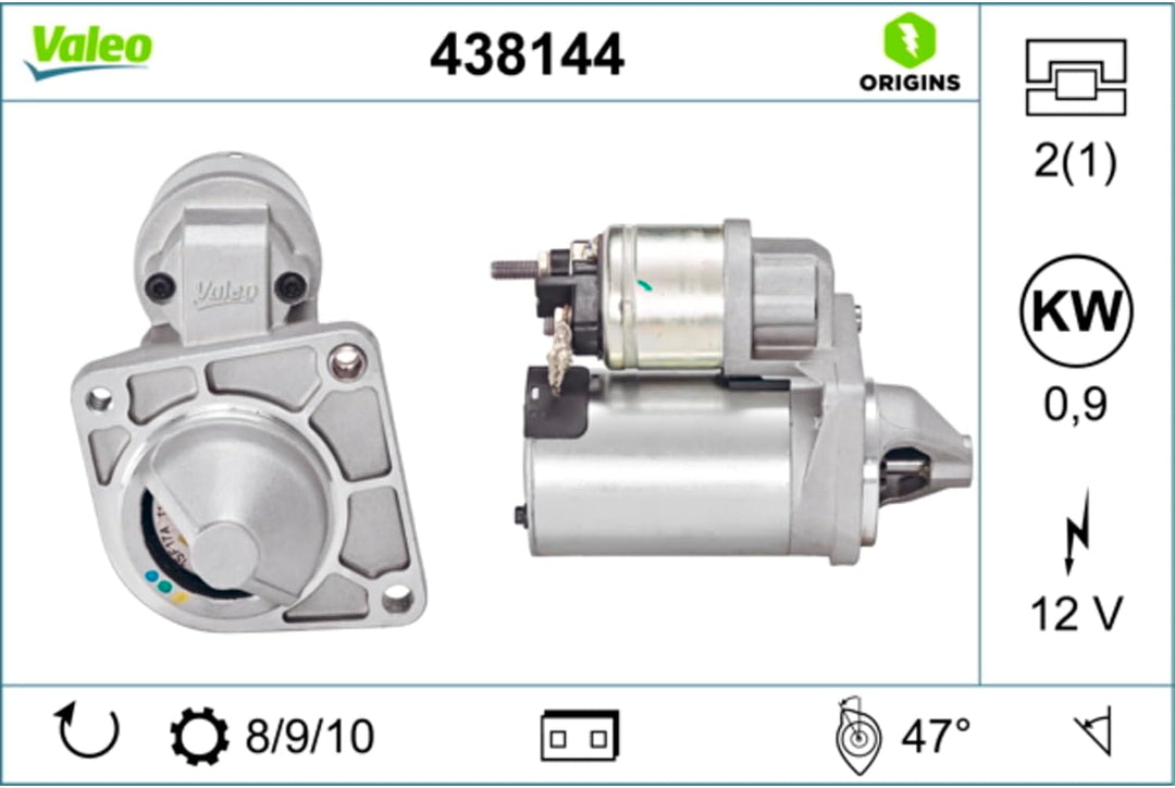 VALEO 438144 Starter Nennleistung: 0,9 kW Stop & Start: NO Zähnezahl: 8/9/10 zähne Spannung: 12 V Dr