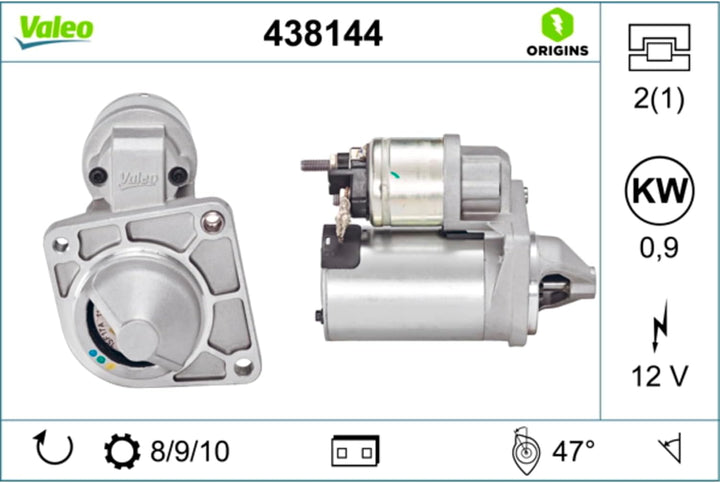 VALEO 438144 Starter Nennleistung: 0,9 kW Stop & Start: NO Zähnezahl: 8/9/10 zähne Spannung: 12 V Dr