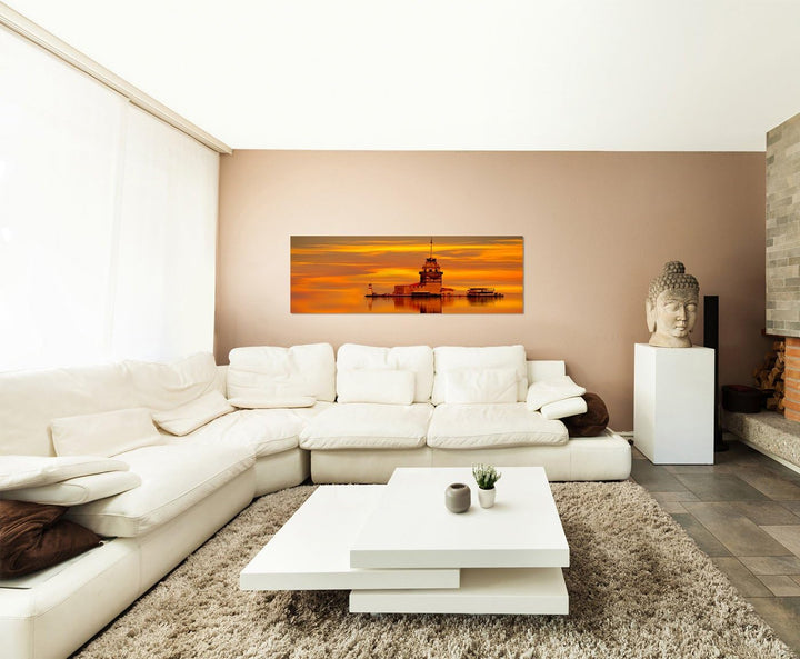 Paul Sinus Art Panoramabild auf Leinwand und Keilrahmen 150x50cm Istanbul Leuchtturm Sonnenuntergang
