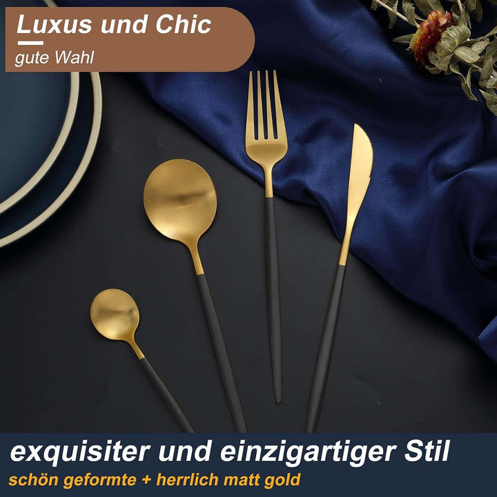 Bestdin Besteck Set 6 Personen, 30 teilig Besteck Schwarz Gold Matt, Essbesteck Set mit Messer Gabel