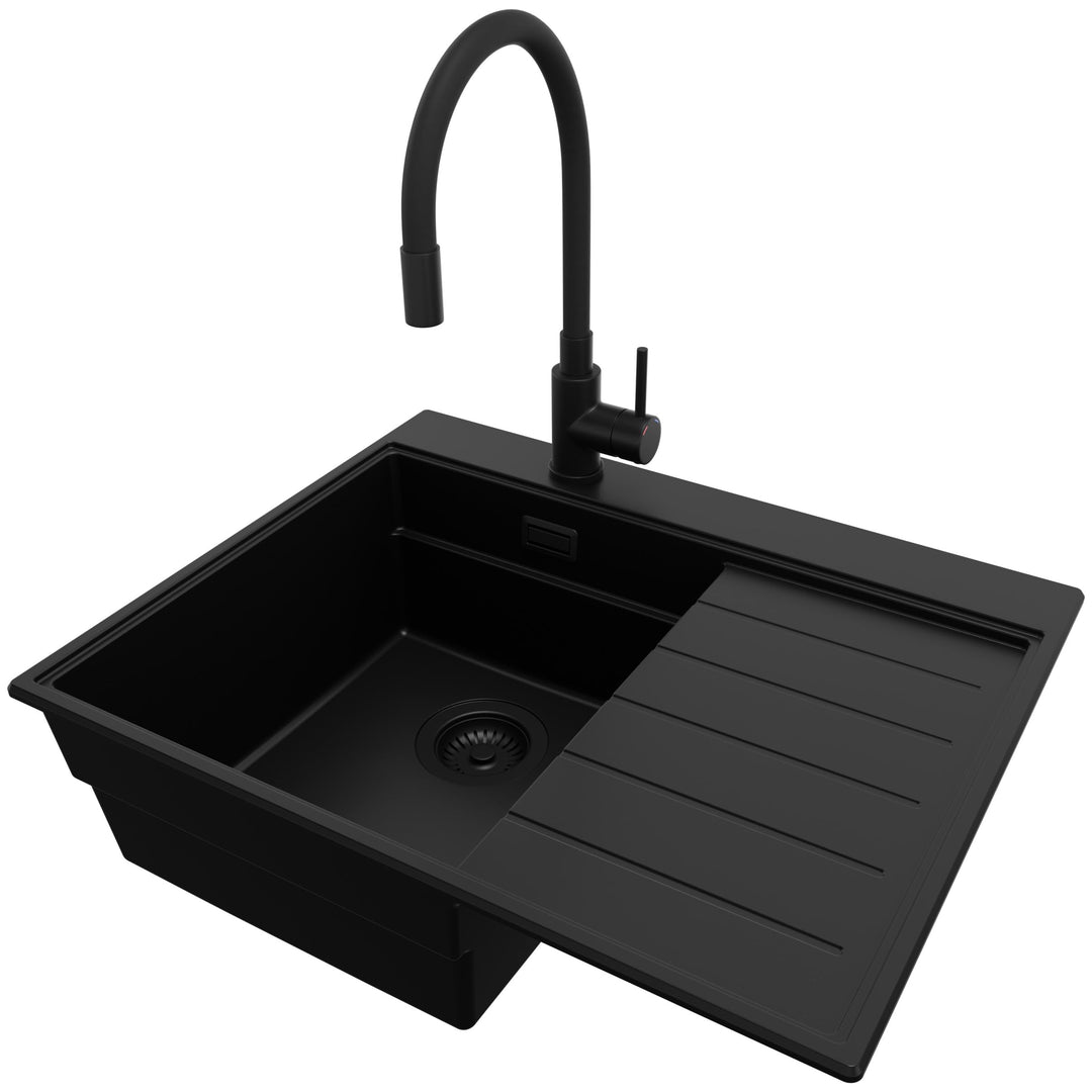 PRIMAGRAN Granitspüle Alles Schwarz 62x50cm, Spülbecken 1 Becken + Küchenarmatur 40x38cm + Ablauf-Se