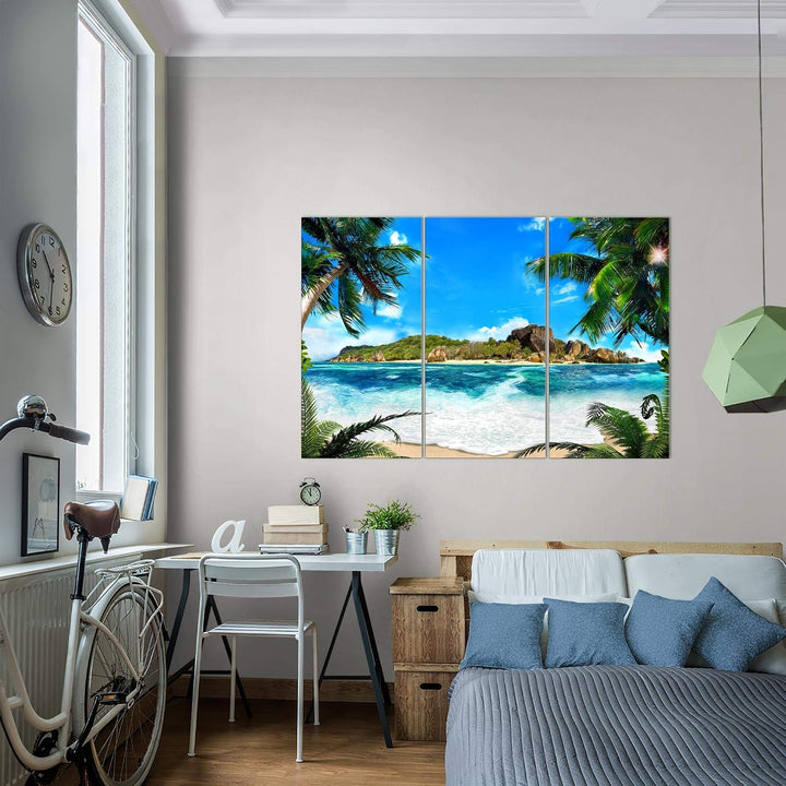 Runa Art Wandbilder Meer Strand Bild XXL Wohnzimmer Schlafzimmer Blau Palme Meer 120 x 80 cm 3 Teili