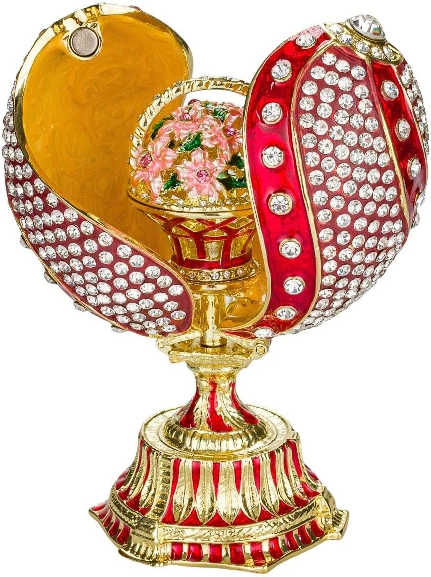 Danila-Souvenirs Fabergé-Stil verdrehtes Ei mit Korb der Blumen 12 cm rot
