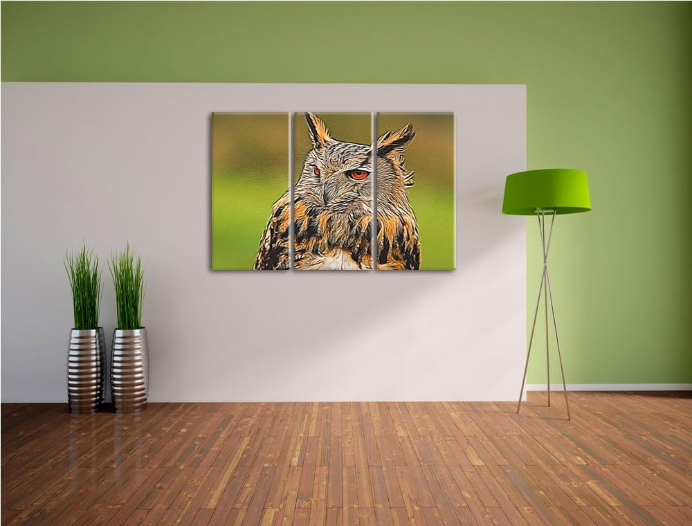 Schläfriger Uhu 3 Teilig, Gesamtgrösse 120x80 cm auf Leinwand, XXL riesige Bilder fertig gerahmt mit