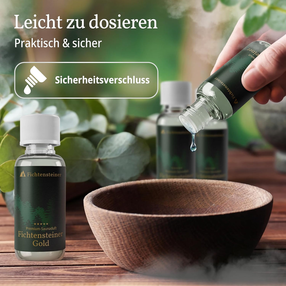 Saunaaufguss Gold, edle Nadelholzdüfte, wohltuende Kräuter und ein Hauch Zitrusduft, 100ml, Luxus Sa